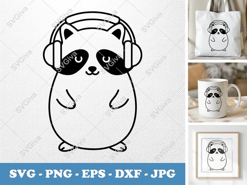 Raccoon Wearing Headphones SVG | Friendly Bean-Shaped Cut File | PNG, DXF, EPS for Cricut & Silhouette