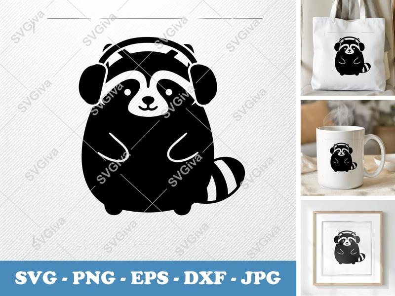 Raccoon Wearing Headphones SVG | Puffy Soft Kawaii Cut File | PNG DXF EPS | Cricut Silhouette
