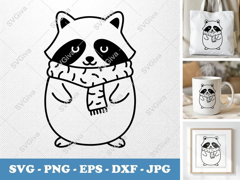 Raccoon Wearing Scarf SVG | Friendly Rounded Bean-Shaped Cut File | PNG DXF EPS for Cricut Silhouette