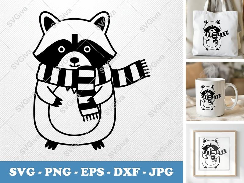 Raccoon Wearing Scarf SVG PNG DXF EPS | Winter Animal Cut File | Cricut Silhouette