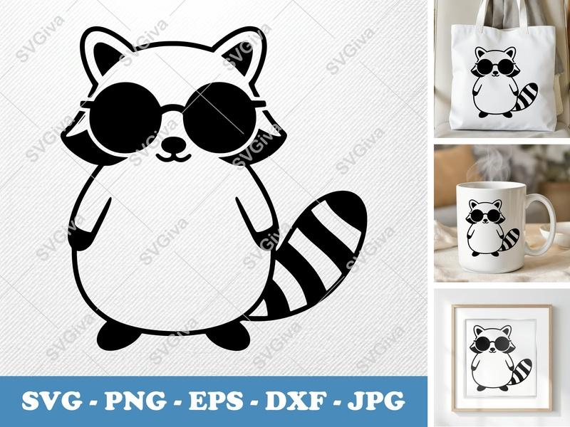 Raccoon Wearing Sunglasses SVG | Puffy Cartoon Design | PNG DXF EPS | Cricut Silhouette File