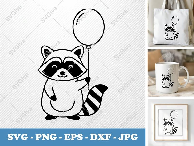 Raccoon with Balloon SVG | Cute Animal PNG EPS DXF | Modern Cartoon Cut File for Cricut & Silhouette