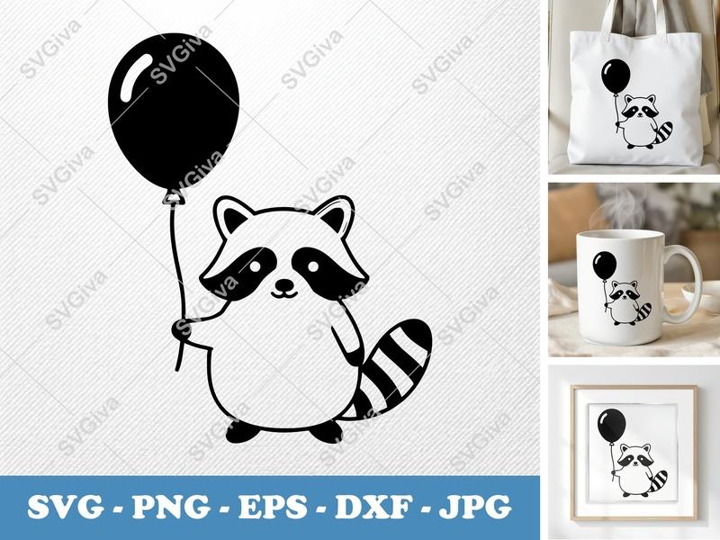 Raccoon with Balloon SVG | Puffy Shapes, Pillow-Soft PNG DXF EPS | Cricut Silhouette Cut File Animal Design