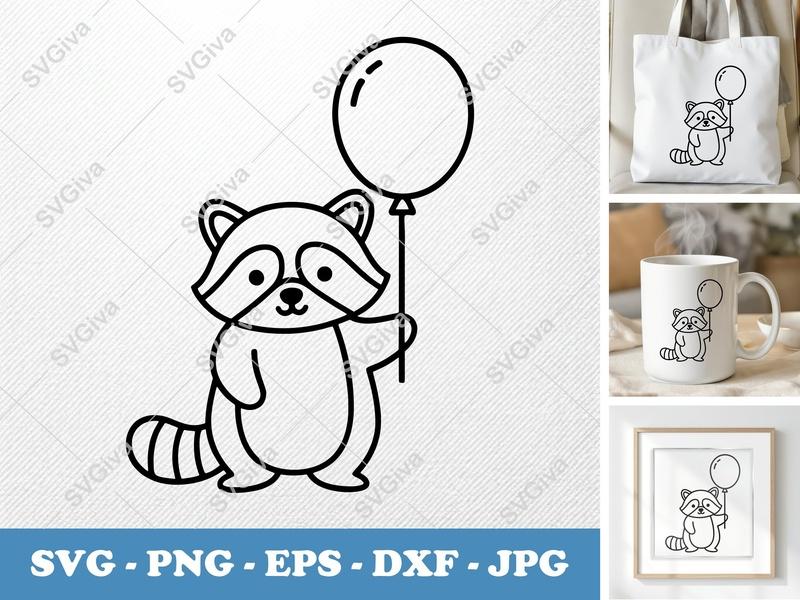 Raccoon with Balloon SVG, Rounded Friendly Bean-Shaped Design | PNG DXF EPS | Cricut Silhouette File