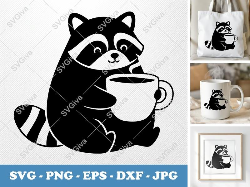 Raccoon with Coffee Cup SVG | Puffy Soft Shapes | Inflated Pillow-Soft Design | PNG DXF EPS | Cricut Silhouette Cut File