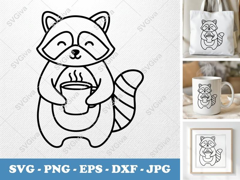 Raccoon with Coffee Cup SVG | Rounded Friendly Design | PNG DXF EPS | Cricut Silhouette File