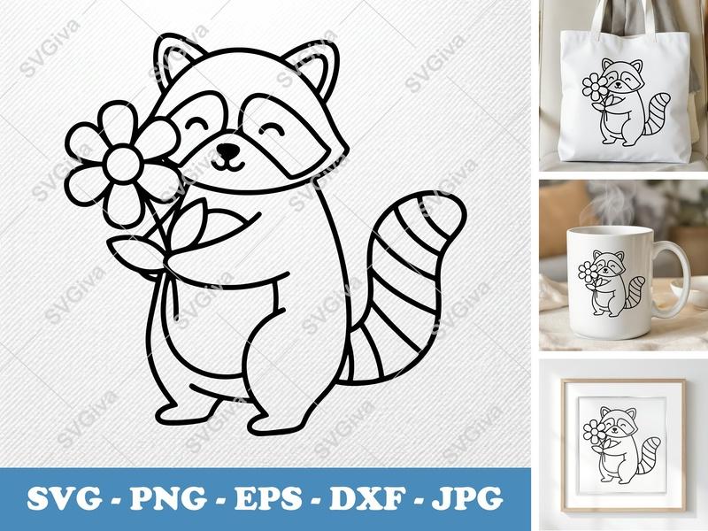 Raccoon with Flower SVG | Friendly Rounded Body Bean-Shaped Forms | PNG DXF EPS | Cricut Silhouette Cut File