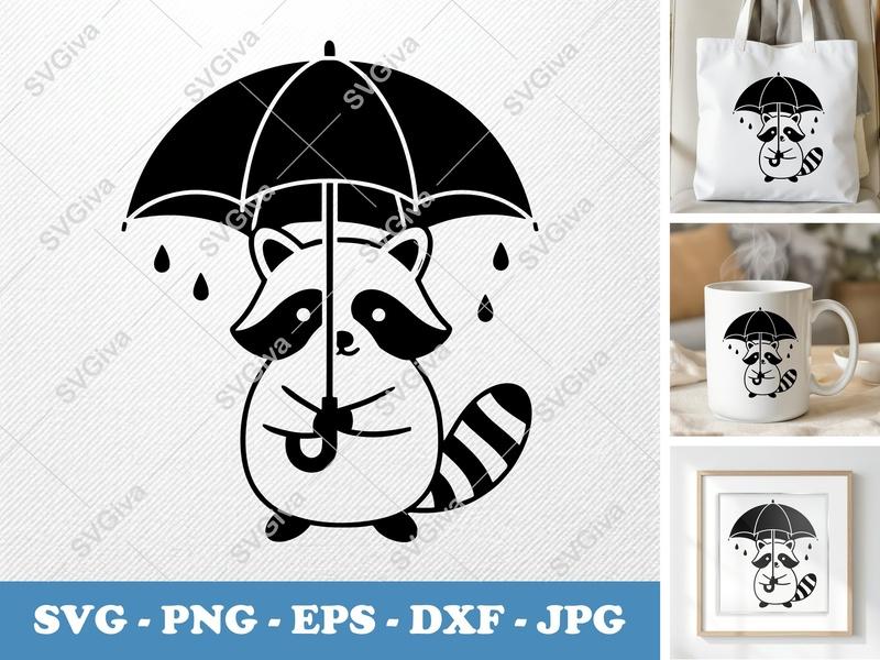 Raccoon with Umbrella SVG | Cute Modern Rain Animal Cut File | PNG EPS DXF for Cricut Silhouette Vinyl Decal
