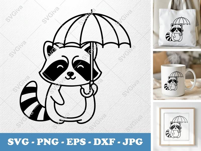 Raccoon with Umbrella SVG, PNG, EPS, DXF | Cute Raccoon Cut File | Modern Animal Clipart for Cricut & Silhouette