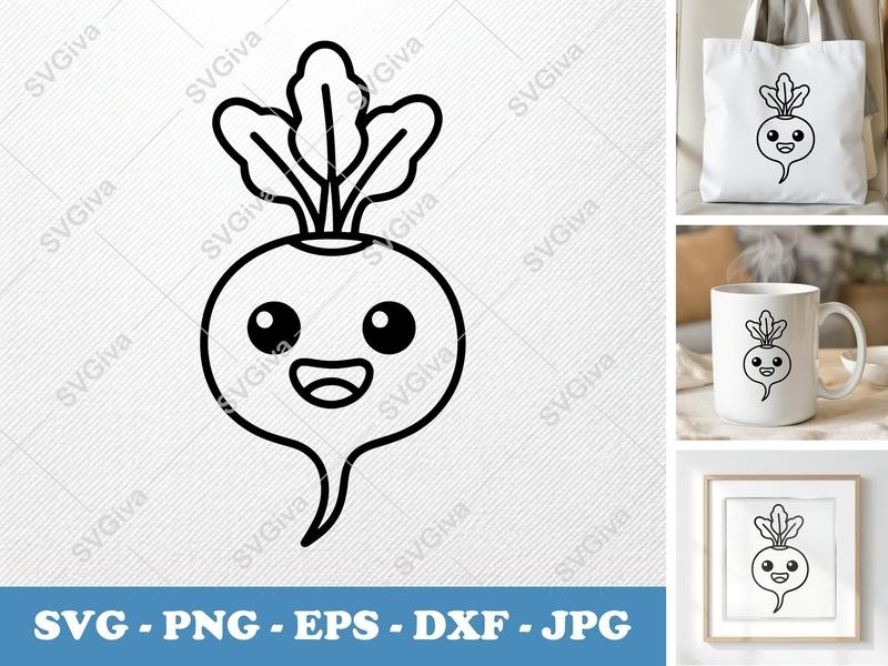 Radish SVG Kawaii Line Art | Cute Vegetable PNG EPS DXF | Cricut Silhouette File | Food Clipart Vector