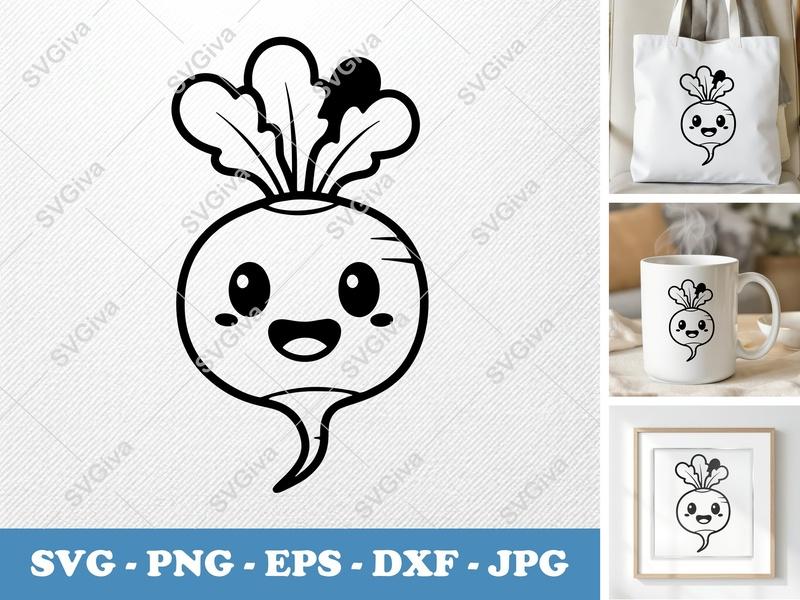 Radish SVG Kawaii Vegetable, Cute Veggie Clipart | PNG EPS DXF for Cricut & Silhouette, Modern Farmhouse Decal