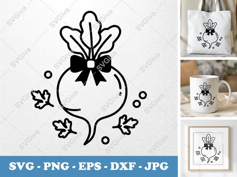 Radish SVG | Modern Clean Radish with Bow | Vegetable Outline PNG EPS DXF | Cricut Silhouette File | Garden Clip Art