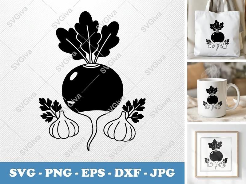 Radish SVG, Modern Vegetable Cut File, Garlic & Parsley Clipart, PNG EPS DXF for Cricut & Silhouette, Kitchen Decor, Farmhouse