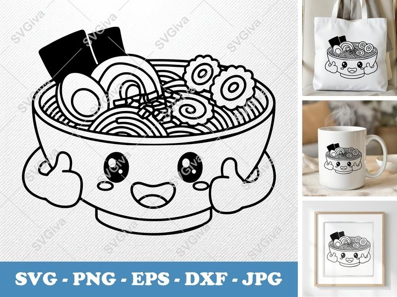 Ramen Kawaii SVG | Cute Noodle Bowl PNG EPS DXF | Happy Foodie Cut File for Cricut, Silhouette | Modern Clean Design