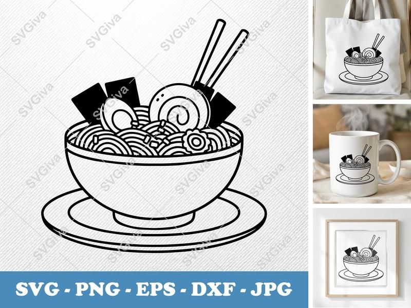 Ramen on a Plate SVG | Friendly Rounded Body Noodle Bowl | PNG, DXF, EPS Files | Cricut Silhouette Ready