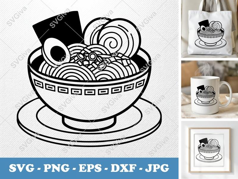 Ramen on a Plate SVG | Minimalist Noodle Bowl Cut File | Bold Contour PNG DXF EPS for Cricut Silhouette