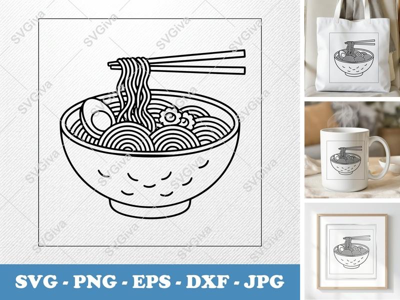 Ramen Partially Eaten SVG | Minimalist Double-Outline Design | PNG DXF EPS | Cricut Silhouette Cut File Noodles Food