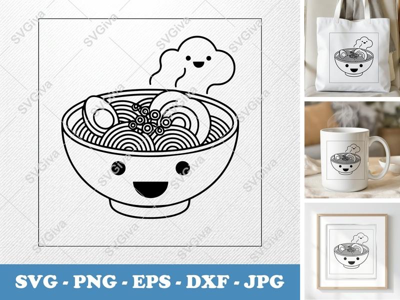 Ramen SVG, Cute Noodle Bowl with Face | Kawaii Food Clipart | PNG EPS DXF for Cricut, Silhouette, Digital Download