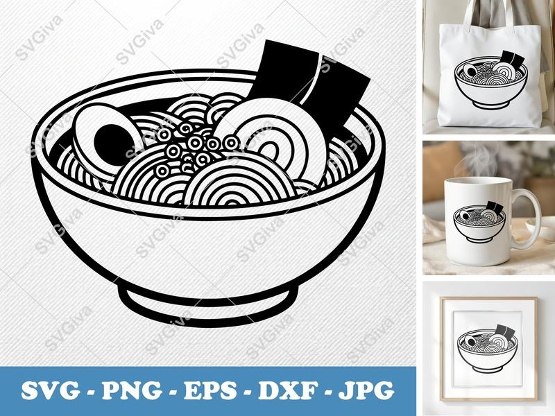 Ramen SVG | Modern Clean Noodle Bowl Design with Egg | PNG EPS DXF for Cricut & Silhouette