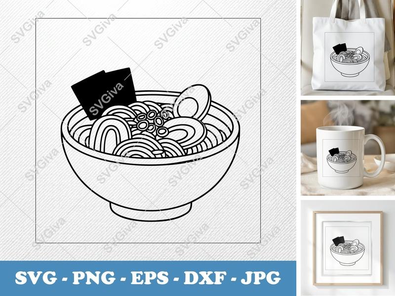 Ramen SVG | Modern Noodle Bowl with Egg, Nori, Scallions | PNG EPS DXF for Cricut & Silhouette | Food Cut File