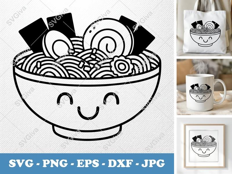 Ramen with Smiling Face SVG | Friendly Bean-Shaped Forms Cut File | Rounded Body PNG DXF EPS | Cricut Silhouette Kitchen Vector