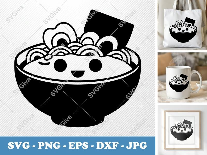 Ramen with Smiling Face SVG | Puffy, Inflated Shapes | PNG DXF EPS | Cricut Silhouette Noodle Bowl