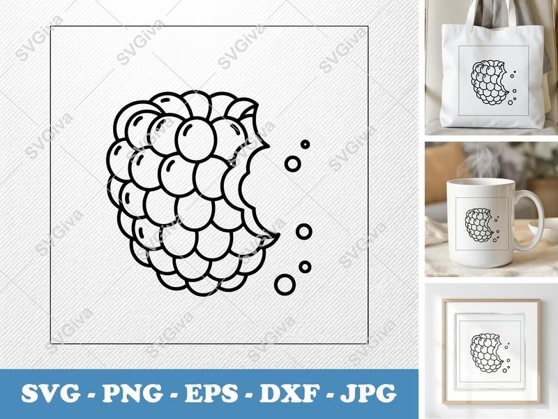 Raspberry SVG | Bite Mark Fruit Clipart | Modern Line Art | PNG, EPS, DXF for Cricut & Silhouette