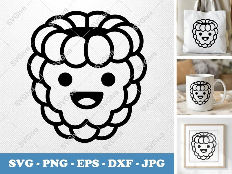 Raspberry SVG Kawaii Face | Cute Fruit Clipart | PNG EPS DXF | Cricut Silhouette Cut File | Modern Berry Vector