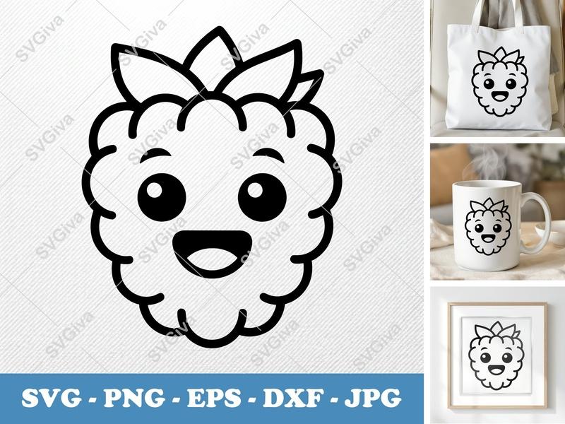 Raspberry SVG Kawaii Face, Cute Fruit PNG | EPS DXF Cut File for Cricut & Silhouette, Modern Berry Vector Clipart