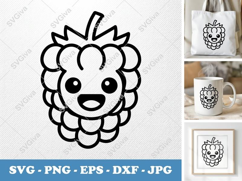 Raspberry SVG Kawaii Face Fruit | Modern Clean Design | PNG EPS DXF | Cricut Silhouette Cut File