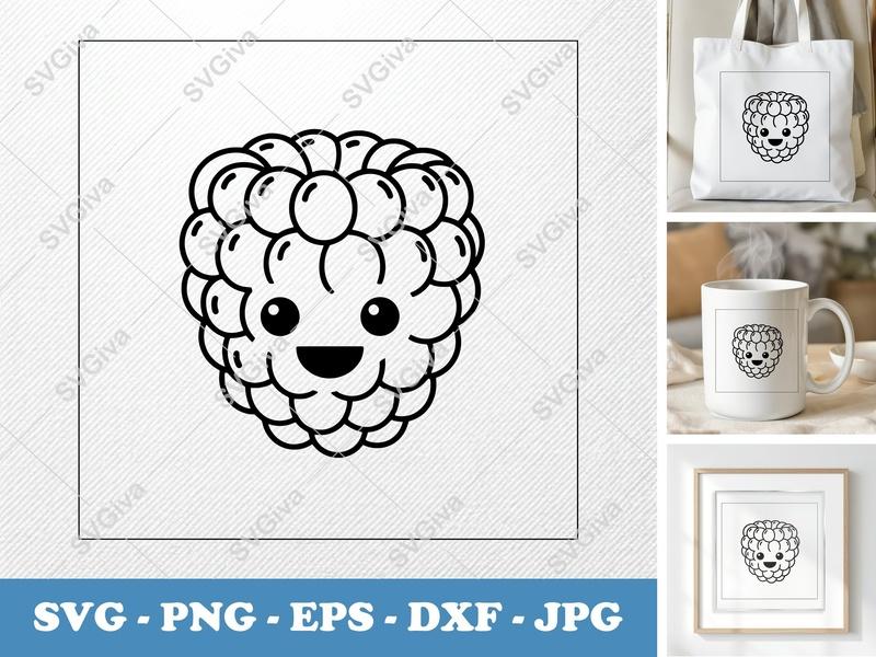 Raspberry SVG Kawaii Fruit | Cute Berry Face | PNG EPS DXF | Cricut Silhouette File | Modern Outline Clipart