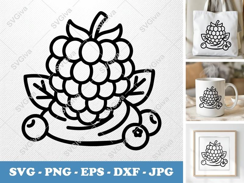 Raspberry SVG | Modern Berry Fruit Outline | PNG EPS DXF | Cricut Silhouette Cut File | Simple Food Clipart Vector