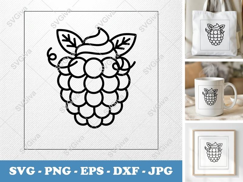 Raspberry with Garnish SVG | Friendly Rounded Berry Design | PNG DXF EPS for Cricut & Silhouette