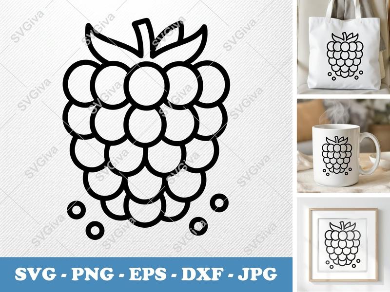 Raspberry with Garnish SVG | Minimalist Fruit Cut File | Bold Contour PNG DXF EPS | Cricut Silhouette Design