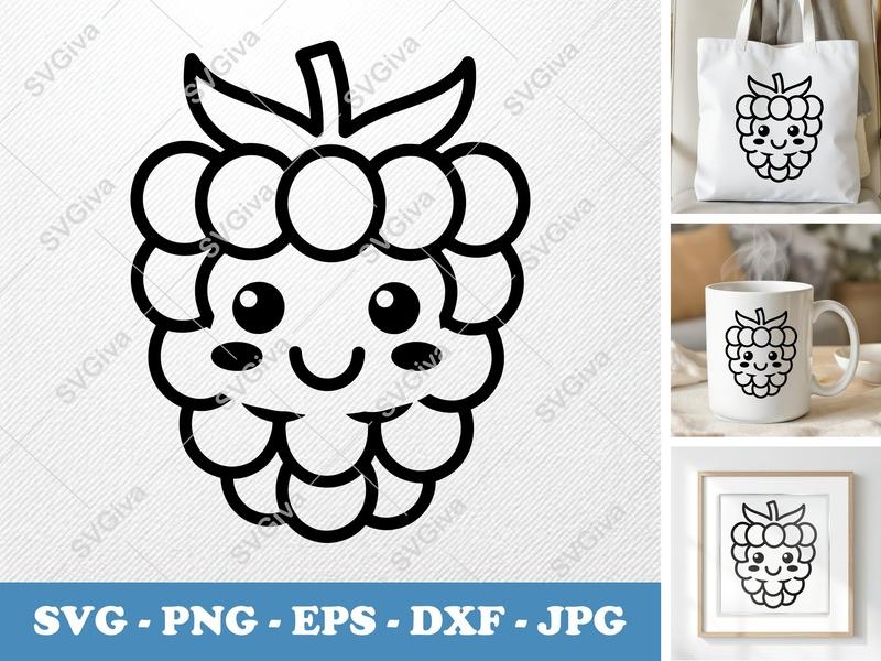Raspberry with Smiling Face SVG | Kawaii Minimalist Cut File | Bold Contour PNG DXF EPS | Cricut Silhouette Design