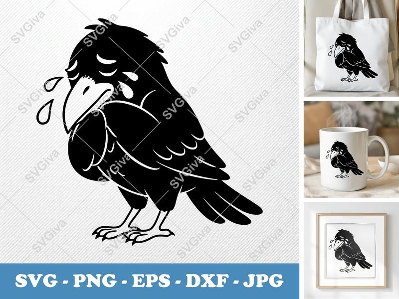 Raven Crying SVG | Friendly Rounded Body Bean-Shaped Design | PNG DXF EPS | Cricut Silhouette Cut File