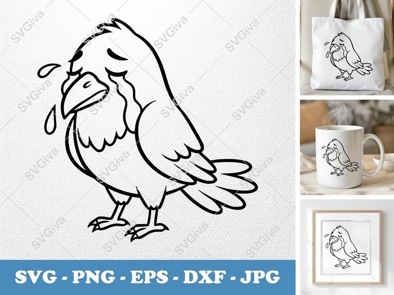 Raven Crying SVG | Sad Crow Cut File | Modern Bird EPS PNG DXF for Cricut & Silhouette Machines