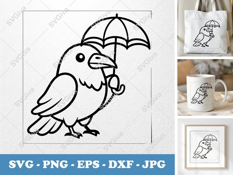Raven Holding Umbrella SVG | Puffy Soft Forms | PNG DXF EPS | Cricut Silhouette Cut File | Cute Bird Art