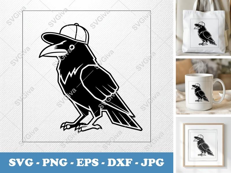 Raven in a Cap SVG | Double-Outline Geometric Cut File | Thick Contour Thin Lines | PNG DXF EPS | Cricut Silhouette