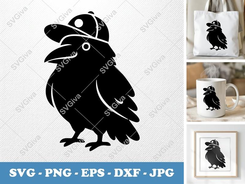 Raven in a Cap SVG | Puffy Soft Forms | PNG DXF EPS | Cricut Silhouette | Cute Bird Cut File