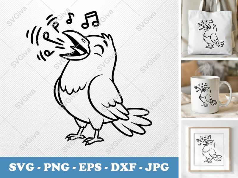 Raven Singing Bird SVG, Music Notes PNG, EPS, DXF | Cute Crow Cut File for Cricut, Silhouette, Digital Download