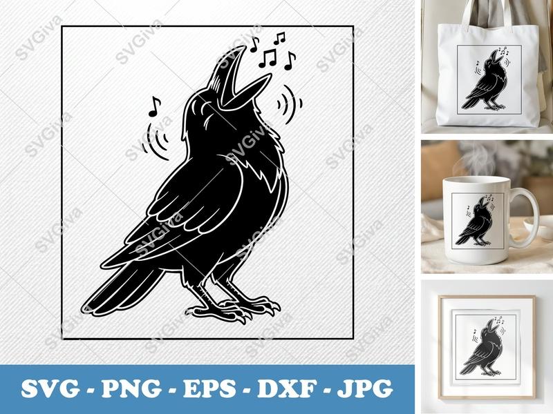 Raven Singing SVG | Double Outline Minimalist Cut File | PNG DXF EPS for Cricut Silhouette