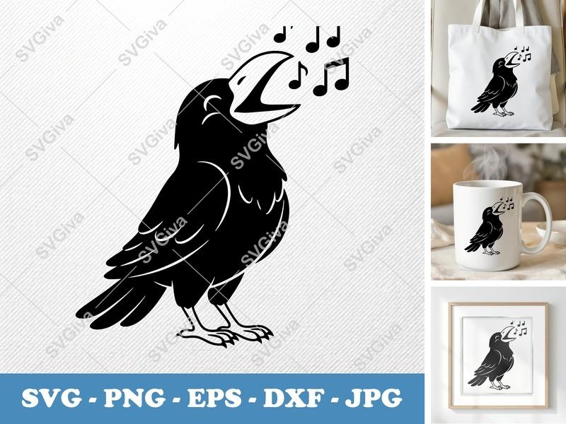 Raven Singing SVG | Friendly Rounded Body Bean-Shaped Cut File | PNG DXF EPS | Cricut Silhouette