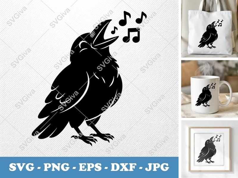 Raven Singing SVG PNG DXF EPS | Bird Music Cut File | Cricut Silhouette Vector Art
