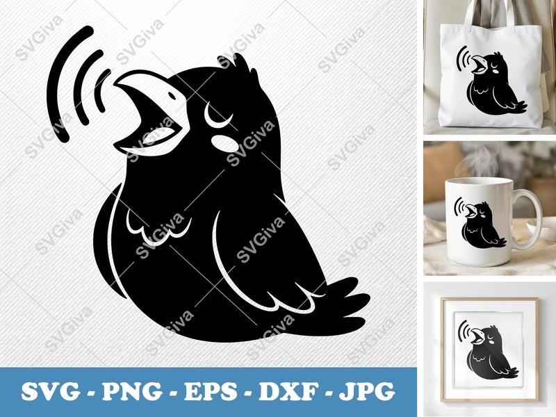 Raven Singing SVG PNG DXF EPS | Puffy Bird Cut File for Cricut Silhouette