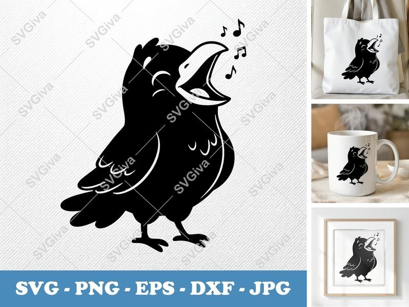 Raven Singing SVG | Puffy Cartoon | Inflated Soft Shapes PNG DXF EPS | Cricut Silhouette Cut File