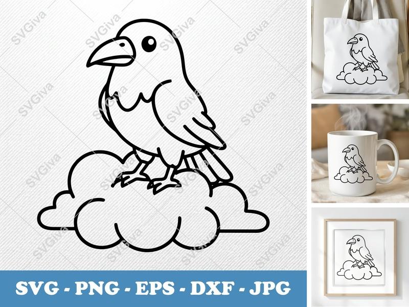 Raven Sitting on Cloud SVG | Friendly Rounded Cartoon Cut File | PNG DXF EPS for Cricut & Silhouette