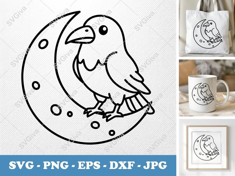 Raven Sitting on Moon SVG | Friendly Rounded Body Bean-Shaped Cut File | PNG DXF EPS | Cricut Silhouette
