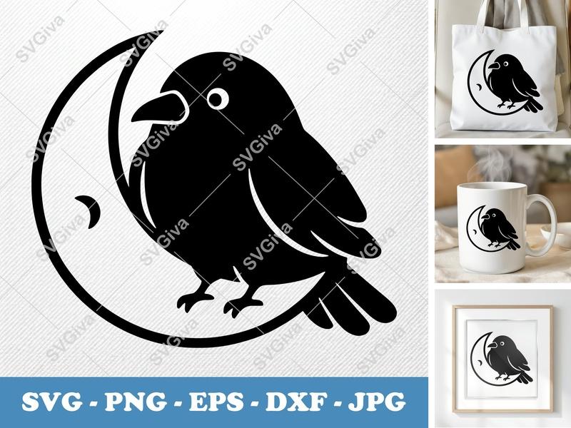 Raven Sitting on Moon SVG | Puffy Pillow-Soft Design | PNG DXF EPS | Cricut Silhouette File