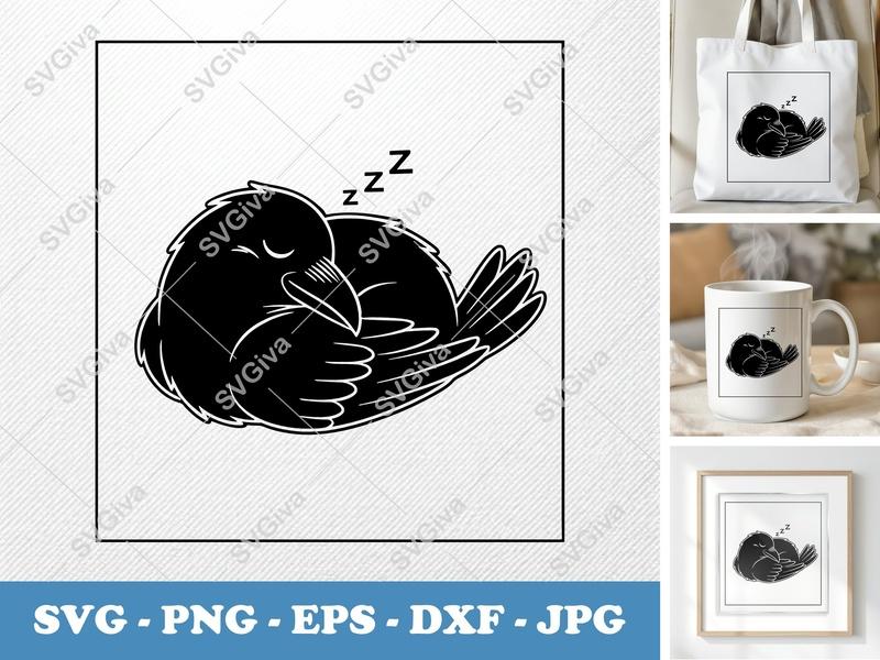 Raven Sleeping SVG | Double-Outline Minimalist Bird Design | PNG DXF EPS | Cricut Silhouette File